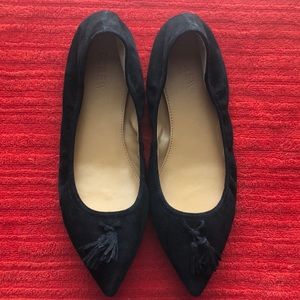 J.Crew pointy suede flats with tassels.